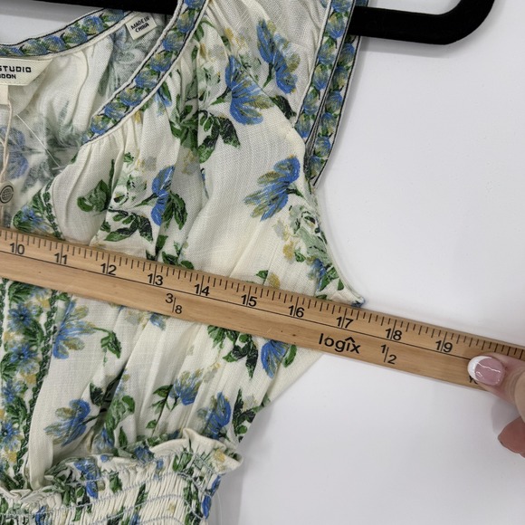 Max Studio Dress Womens Small‎ Blue Floral Smocked Waist Ruffle Hem Boho Midi - Picture 11 of 12